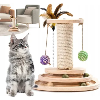 DRAPAK DREWNIANA HRAČKA SLOUPEK S ŠKRABADLEM A PÍRKEM JE INTERAKTIVNÍ PRO KOČKY