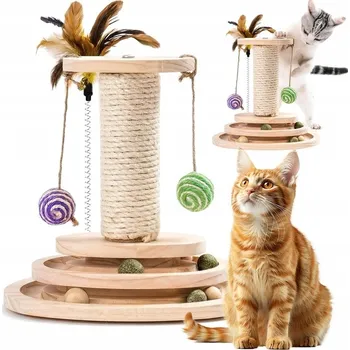 ŠKRABADLO PRO KOČKY DŘEVĚNÁ HRAČKA S TŘÍÚROVŇOVÝM OTOČNÝM TALÍŘEM