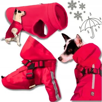 Obleček pro psa Bunda pro psa 2v1 s postrojem + fleecová vesta červená SADA S