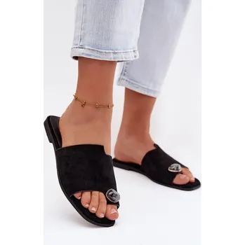 Dámské žabky Dámské ploché nazouváky s ozdobným detailem Eko semiš Černé Selavine 38