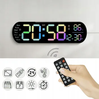 Hodiny DIGITÁLNÍ HODINY NA ZEĎ HD, BUDÍK, RGB, VELKÝ DISPLEJ, DÁLKOVÉ OVLÁDÁNÍ, 10 ÚROVNÍ JASU