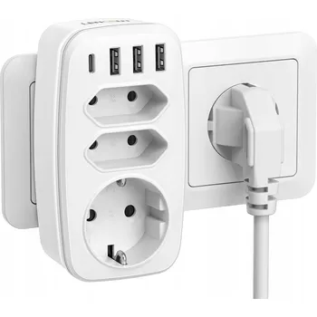 Elektrická zásuvka Zásuvka rozdvojka Lencent 7 v 1, 3 zásuvky + 3x USB, 1x USB Pd 3.0A bílá