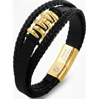 Náramek Pánský náramek kožený trojitý pozlacený černý, pevná ocel 316L gravírování