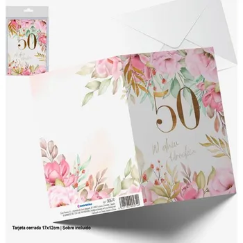 Růžové narozeninové přání s květinami k 50. narozeninám