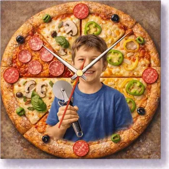 Hodiny Hodiny z vlastní fotografie –pizza - 20x20 cm / Plast / Přehnané rysy