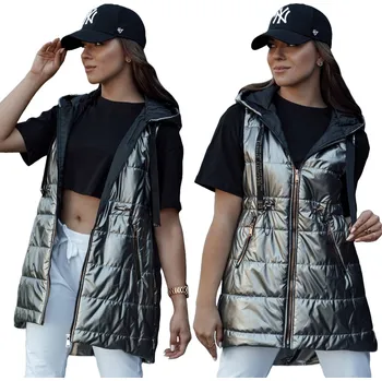 Dámská vesta DÁMSKÁ PROŠÍVANÁ VESTA S KAPUCÍ TMAVĚ ŠEDÁ ty4437 - S