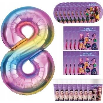 Jednorázové nádobí Talířky Kelímky Ubrousky 37 Ks K-POP DEMON HUNTERS + Balónek k 8. narozeninám