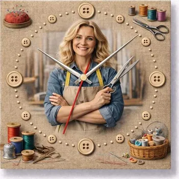 Hodiny Hodiny z vlastní fotografie – švadlena - 20x20 cm / Plast / Přehnané rysy