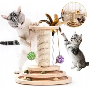 ŠKRABADLO PRO KOČKY HRAČKA VĚŽ 4V1 MASIVNÍ DŘEVO SISAL 2 VRSTVY MÍČE