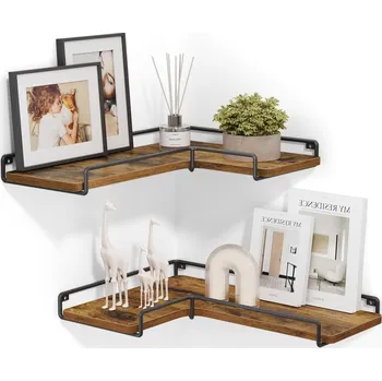 police Nástěnná rohová police Vasagle 2 ks MDF deska 40 x 14 cm, odstíny hnědé