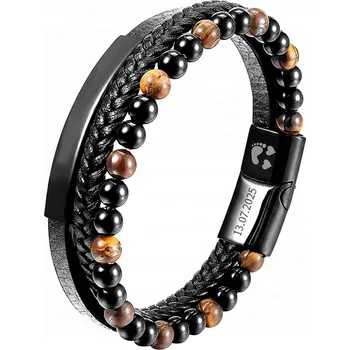 Náramek Pánský náramek kožený trojitý tygří oko korálky ocel 316 L gravírování