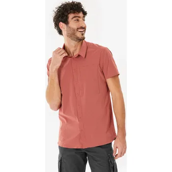 Pánské tričko FORCLAZ Pánská turistická košile s krátkým rukávem NH 500 Fresh L KAŠTANOVÁ|MODRÁ