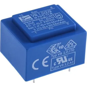 Transformátor Block Transformátor PCB, sekundární napětí: 9 V ac, počet výstupů: 2 Průchozí otvor 55 procent 1 VA