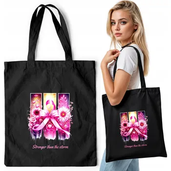 Černá bavlněná nákupní taška – KVĚTY STUHA RŮŽOVÁ STUHA SLOVA