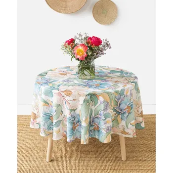 ubrus Magic Linen Kulatý lněný ubrus s potiskem zářivých pivoněk na bílém pozadí Velikost: Kulatý 150cm