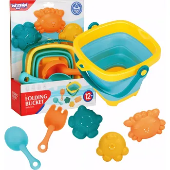 Hračka na písek Skládací silikonové vědro s lopatkou, hráběmi a formičkami WOOPIE