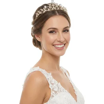 Souprava šperků B-TOP Elegantní zlatá tiára s listovým motivem zdobená krystaly a zirkony