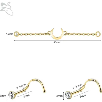 Piercing Dvojitý měsíční řetízkový piercing do nosu | tělový šperk 3 ks - 40mm zlato