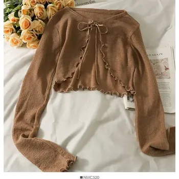 Dámský svetr Letní krajkový cardigan s mašlí | dámský svetr - tmavě hnědá , jedna velikost