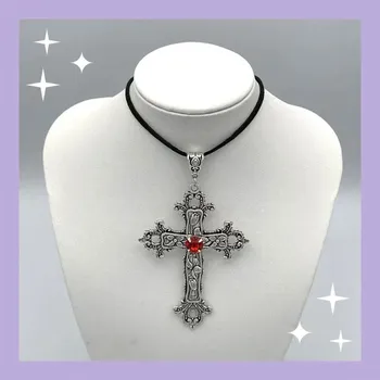 Náhrdelník Sametový gotický černý choker s křížem | náhrdelník šperk - červený