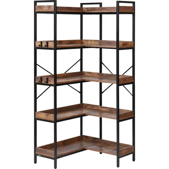 Obývací pokoj Vevor Rohová knihovna 5-patrová, 4 háčky, kovový rám, dřevěné police