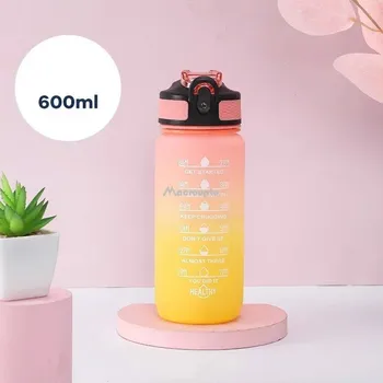 Barevná motivační sportovní láhev 600ml s časovým ukazatelem | sportovní vybavení - Růžová Žlutá , 600 ml