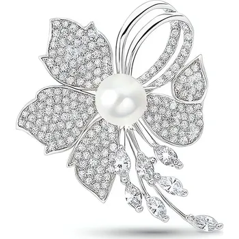 Brož Třpytivá květinová brož s umělou perlou Silver Troli