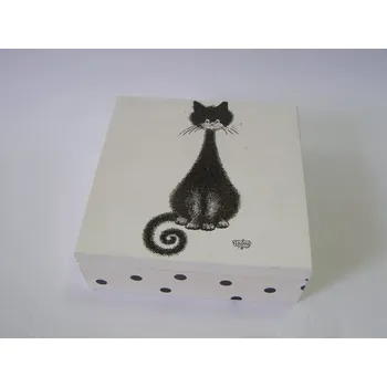 Dárková krabička Dřevěná krabička s víkem 16 x 16 cm - Černá kočka