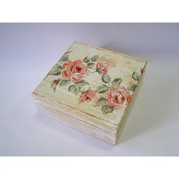 Dárková krabička Dřevěná krabička s víkem 16 x 16 cm - Růže v hnědé patině