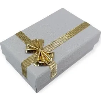 Dárková krabička Akvamarin-klenoty Dárková krabička na malou sadu šperků – bílá se zlatou mašlí | Elegantní mini kazeta Papírová dárková kazeta pro malou šperkovou sadu – bílá se zlatou stuhou