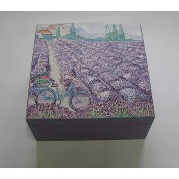 Dárková krabička Dřevěná krabička s víkem 16 x 16 cm - Levandulové pole a kolo