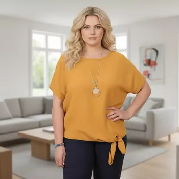 Dámské oblečení Dámské oranžové triko s uzlem pro plnoštíhlé, styl Italská móda O2018