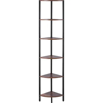 Vevor Rohový regál 6 polic s led osvětlením, kovový rám, dřevěné police