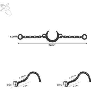 Piercing Dvojitý měsíční řetízkový piercing do nosu | tělový šperk 3 ks - 32mm černá