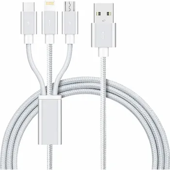 Datový kabel W-Star K3v1SR62 - Kabel USB 3v1, USBC, micro USB, lightning, 2,4A, 3m střibrná