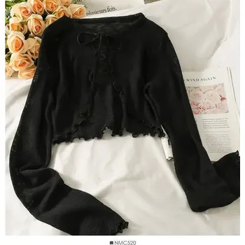 Dámský svetr Letní krajkový cardigan s mašlí | dámský svetr - černý , jedna velikost