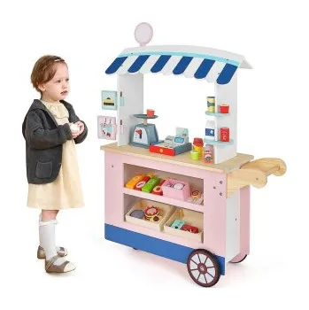 Dětská kuchyňka Dětský vozík na potraviny TM10037 se 2 policemi, na 3 kolečkách - B COSTWAY