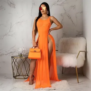 Dámské šaty Síťové dlouhé průhledné šaty nejen na pláž - Oranžová,XL