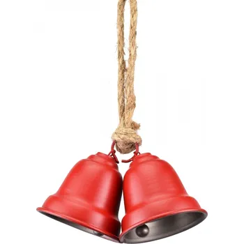 Vánoční dekorace Dvojitý kovový zvonek červený na jutovém provaze 9x16x25 cm