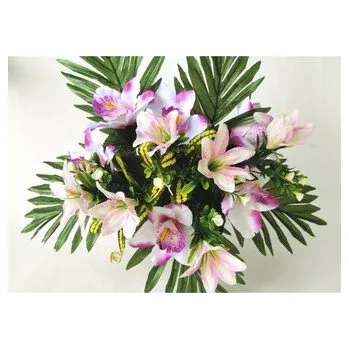 umělá květina Kytice lilie s palmovým listem, fialová H360 fialová