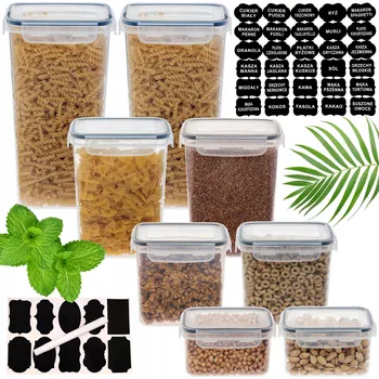 Dóza na potraviny NÁDOBY NA TĚSTOVINY SKLENICE NA KAŠE KRABIČKY NA POTRAVINY 8 ks + ETIKETY