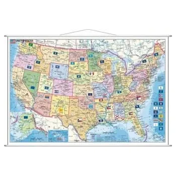 Stiefel Wandkarte Kleinformat USA, Bundesstaaten mit Postleitzahlen, englische Ausgabe, mit Metallstäben