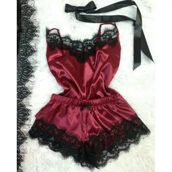 Dámské pyžamo Saténové pyžamo s krajkou pro ženy - Vínová,XL