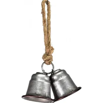 Vánoční dekorace Dvojitý kovový zvonek stříbrný na jutovém provaze 14x12x25 cm