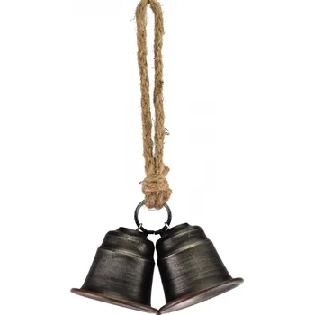 Vánoční dekorace Dvojitý kovový zvonek šedý na jutovém provaze 14x12x25 cm