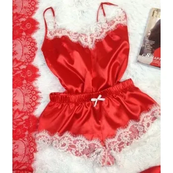 Dámské noční prádlo Saténové pyžamo s krajkou pro ženy - červená,L
