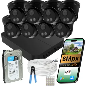 Bezpečnostní kamera Sada monitoringu: 8 černých kopulovitých IP PoE kamer 8 Mpx Dual Light + 1 TB HDD