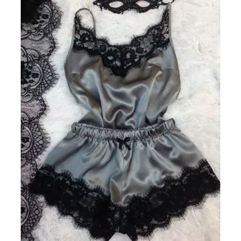 Dámské noční prádlo Saténové pyžamo s krajkou pro ženy - šedá,XL