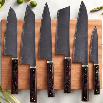 Kuchyňský nůž Sada damaškových kuchyňských nožů ST 39191 6ks Černá Červená