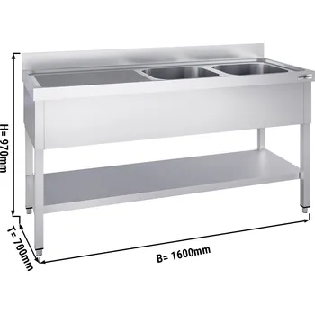 Kuchyňská skříňka G.Gastro Dřezová skříňka PREMIUM z nerezové oceli - se spodní policí - 1,6 m - 2 dřezy vpravo - D 50 x Š 50 x H 30 cm